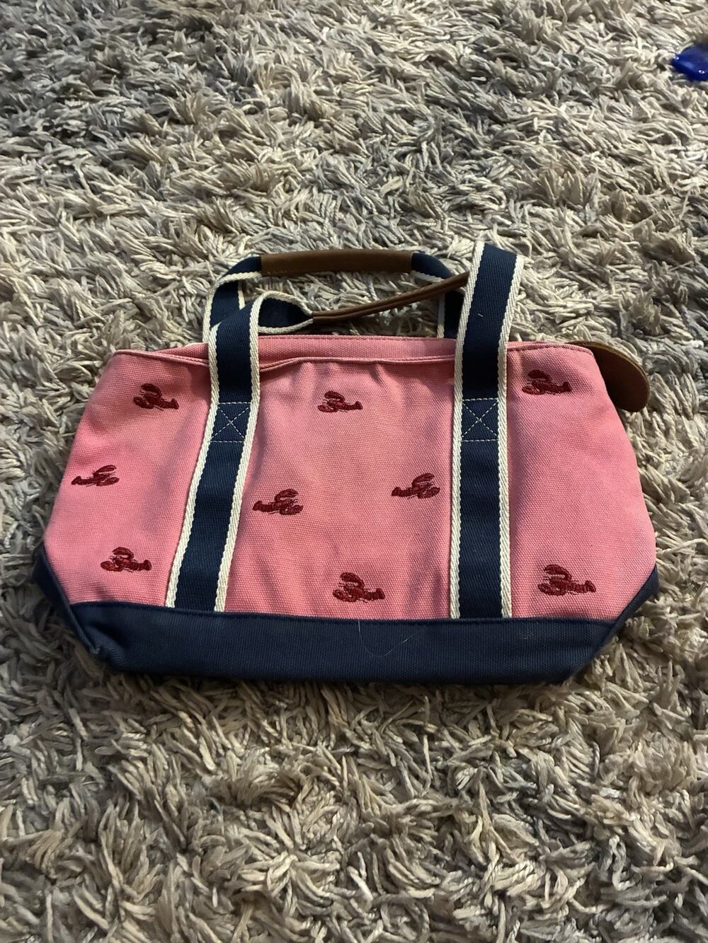 Vtg Rare LL Bean Pink canvas tote Bag Purse with Embroidered Lobsters